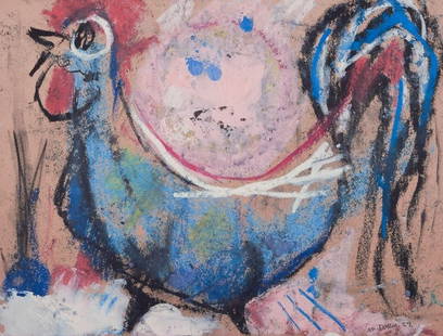 Mette Doller (b. 1925), Danish artist. Mixed media on paper. Rooster. Dated 1959.: Mette Doller (b. 1925), Danish artist. Mixed media on paper. Rooster. Dated 1959. Measures: 40 x 30 cm. The frame measures: 1.5 cm. In excellent condition. Signed and dated. Reserve: $392.00 Shipping: