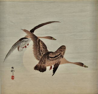 Koson: Ducks in Flight: Artist: Ohara KOSON (1877-1945) Subject: Ducks in Flight Publisher: Daikokuya Signature: Koson Date: 1910s Format: shikishiban, 25 x 23.8 cm Condition: Very good impression, color and condition Reserv