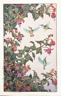 Toshi Yoshida (1911 - 1995): Humming Bird And Fuschia: ARTIST/TITLE: Toshi Yoshida (1911 - 1995): Humming Bird And Fuschia MEDIUM: Woodblock Print SIZE: The print image measures 12 X 19 3/4 inches plus margins CONDITION: The print is in excellent, never f