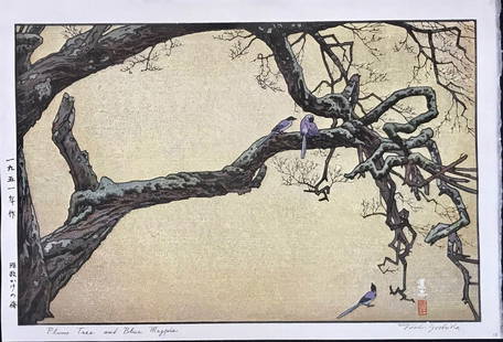 Toshi Yoshida (1911 - 1995): Plum Tree And Blue Magpie: ARTIST/TITLE: Toshi Yoshida (1911 - 1995): Plum Tree And Blue Magpie MEDIUM: Woodblock Print SIZE: The print image measures 9 7/8 X 14 3/4 inches plus margins CONDITION: The print is in excellent, nev