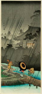 Takahashi HIROAKI (Shotei): Travellers in a heavy rain shower at Terashima: Artist: Takahashi HIROAKI (Shotei) Title: Travellers in a heavy rain shower at Terashima Publisher: Watanabe Shozaburo Date: 1930-35 Medium: woodblock print Size/format: o-tanzaku (c. 14.5" x 6.5") Co