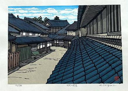 Katsuyuki Nishijima (B. - 1945): Houses At Uda: ARTIST/TITLE: Katsuyuki Nishijima (B. - 1945): Houses At Uda MEDIUM: Woodblock Print SIZE: The print image measures 10 1/8 X 14 7/8 inches plus margins EDITION: Limited Edition #116/500 CONDITION: The