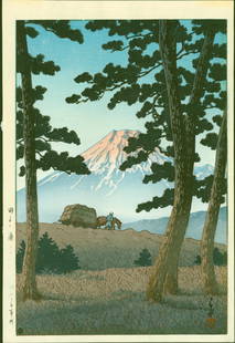 Kawase Hasui - Dusk at Tagonuura: Artist: Kawase Hasui Title: Dusk at Tagonoura Printing Date: 1940. This edition is produced between 1946-1957. Medium: Japanese woodblock print Size/Format: Oban. Approximately 15.5 x 10.25 inches. Pu