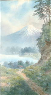 Japanese Watercolor- View of Mt. Fuji - Seppo: Artist: Seppo Akabane (Akaba) (1865-1928) Title: View of Mt. Fuji Printing Date: Early twentieth century. Medium: Japanese watercolour Size/Format: 10.5 x 5.75 inches. Additional Info: Signed Seppo in