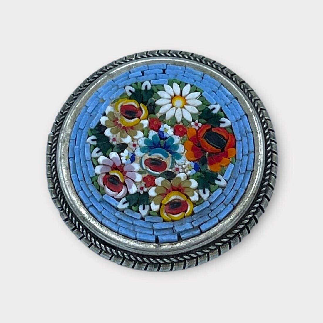 Vintage Italy Micro Mosaic Floral Flower Scenes Silver Filled Brooch Round (1 of 3)