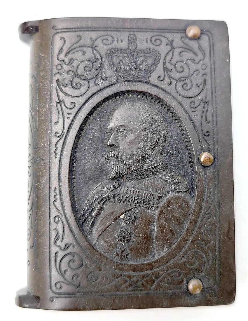 BOOK SHAPE MATCH BOX WOODEN w/ CARVED IMAGE OF BRITISH KING EDWARD VII antique (1 of 5)