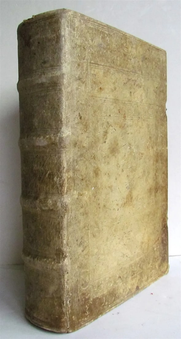 1704 BIBLE COMMENTARY on Old and New Testament JESUIT J. Tirinus antique PIGSKIN: In Sacram Scripturam Commentarius by Jacobus Tirinus 2 volumes bound together (Commentary on Old and New Testament) Venetiis, 1704 Blind-stamped pigskin over wood panels. Dimensions: H 13.5" x W 9.25"