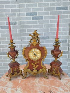 Antique French Victorian Paris H. Luppens Mantel Clock and 2 Candelabras - Garniture Set: Vintage from the 1920s Materials: brass, marble, metal, stone Antique French Victorian Paris H. Luppens Marble Mantel Clock and Candelabra Set - 3 Piece Garniture Set Beautiful French burgundy