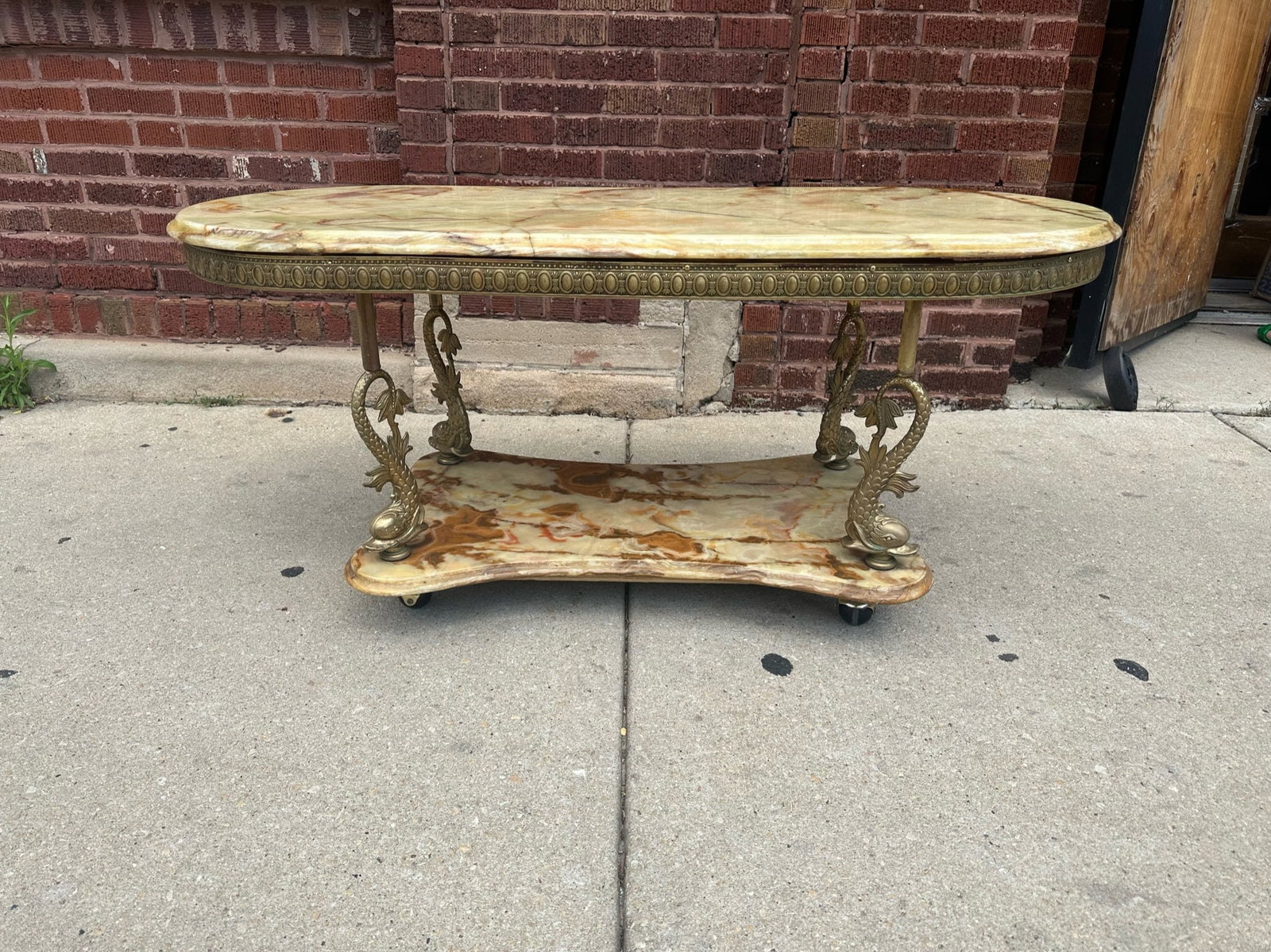 Antique Italian Figural Ornate Onyx and Brass Two Tier Coffee Table (1 of 10)