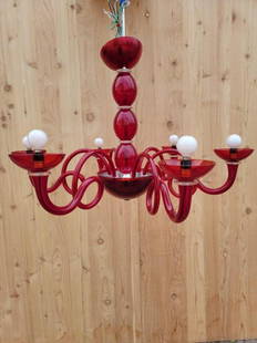 Örni Halloween Artemide Six Arm Pantalica Red Suspension Chandelier: Vintage from the 1990s Materials: Glass Width: 39 inches Height: 35 inches Depth: 39 inches Vintage Örni Halloween Artemide Six Arm Pantalica Red Suspension Chandelier Gorgeous 6 Arm Pantalica Ch