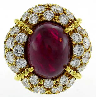 VAN CLEEF & ARPELS Burmese Ruby Diamond Gold RING 1985 VCA Papers: VK AAOOO VAN CLEFF & ARPELS 8.86-carat Ruby Diamond 18 karat Yellow Gold RING, 1985 Stunning and chic cocktail ring created by Van Cleef & Arpels in France in 1985. Features an approximately