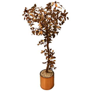 Mid-Century Modern Curtis Jere Brutalist Welded Copper Tree Floor Sculpture: About the Item Attributed to Curtis Jere Brutalist welded copper tree floor sculpture. Torched copper leaves on copper painted natural wood stems. In a copper tone planter. Two compatible sculptures a