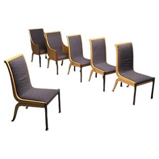 Vladimir Kagan, Mid-Century, Six Dining Chairs, Birdseye Maple, Brass, 1983: About the Item Vladimir Kagan (American, 1927-2016) The Kagan Family Copeland Dining Room Set, Vladimir Kagan Designs, Inc., USA, circa 1983 Rare opportunity to acquire the dining room set from the pe