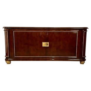 French Art Deco Sideboard by Rene Drouet, Signed Refinished Modern Cabinet: About the Item French Art Deco Sideboard by Rene Drouet, Signed Refinished Modern Cabinet Important mid-century brown lacquer and gilt two-door cabinet or sideboard. Two large doors leading to a fitte