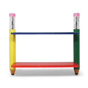 Vintage 1980s Pierre Sala Pencil Wall Shelf: A great piece from Pierre Sala's postmodern pencil themed children's furniture from the 1980s for Pierre Sala Furniture. Design is composed of two shelves, one blue and red, supported by two pencils,