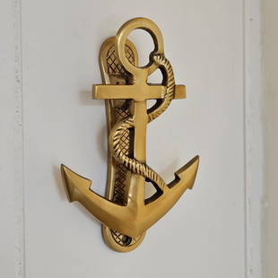 6-1/2" Antiqued Brass Anchor Door Knocker: 6-1/2" long, 4" wide, 1-1/4" deep (when flush with door) Antiqued but NEW reproduction. Nice heavy quality reproduction door knocker! Shipping Reserve: $45.00 Shipping:Domestic: Flat-rate of