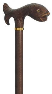 36" Italian Trout Head Walking Stick Cane: 36" Long 3/4" shaft Appearance: The handle is derby-shaped, brown with a wood-tone finish, and has a full fish design with glass eyes and a brass ring. Material: The handle is made from cellulose acet