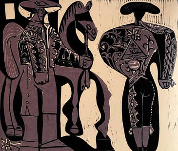 Picasso Picador y Torero Linocut XXe siecle 1978: Artist: Pablo Picasso - Country: Spain - Title: Picador y Torero - Medium: Linocut in 2 colors black & brown - Paper Size: Vellum paper 12.25 x 9.5 inch - Marks: text under nice the image -