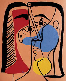 Picasso Linocut Large red blue & yellow Head XXe siecle1978: Artist: Pablo Picasso \nCountry: Spain \nTitle: Large red, blue & yellow Head \nMedium: Linocut in colors \nPaper Size: Vellum 12.25 x 9.50 inch \nMarks: Text title below the art \nProvenance: