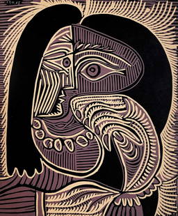 Picasso Woman with a Necklace Linocut XXe siecle 1978: Artist: Pablo Picasso - Country: Spain - Title: Woman with a Necklace - Medium: Linocut in 2 colors black & brown - Paper Size: Vellum paper 12.25 x 9.5 inch - Marks: text under nice the image -