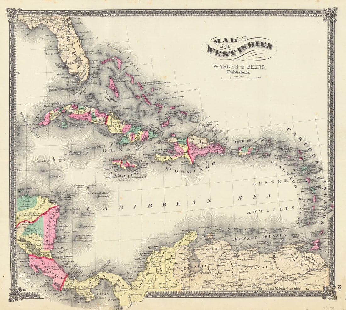 Map of the West Indies: Publication Date: 1873 Title: Map of the West Indies Cartographer: LLOYD, H.H. Publisher: WARNER & BEERS Height: 14.8 Width: 15.9 Florida shows nearly a dozen forts. Shows railroads in north Florida. 