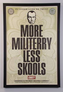 Shepard Fairey - More Militerry Less Skools - 2003 Offset Lithograph - SIGNED 34" x 24": More Militerry Less Skools by Shepard Fairey, 2003 Signed Offset Lithograph. Paper size is 34 x 24 inches, with an image size of 32 x 24 inches. The Offset Lithograph is from an unknown edition size.