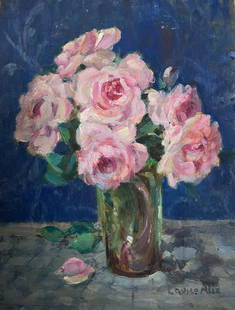 1940's French Impressionist Signed Oil Painting Pink Roses Blue Background 1940's: Vintage French Painting signed by Louise Alix (French, 1888-1980) *see notes below provenance stamp to the back Salon exhibition label verso oil painting on board, unframed measures: 14.5 high by 10.5