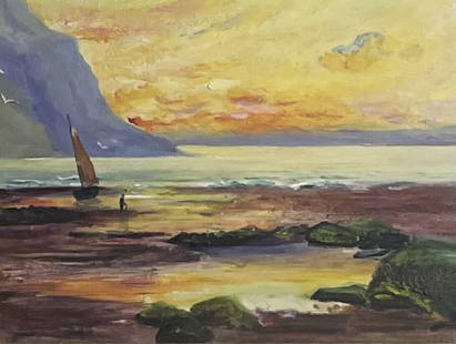 Antique English Marine Oil Painting, dated 1906, Sunset Rocky Coastline: Artist/ School: British School, signed and dated verso, 1906 Title: Sunset on the Coast Medium: oil painting on board, framed and inscribed verso. framed: 9 x 11 inches board: 5 x 7 inches Provenance: