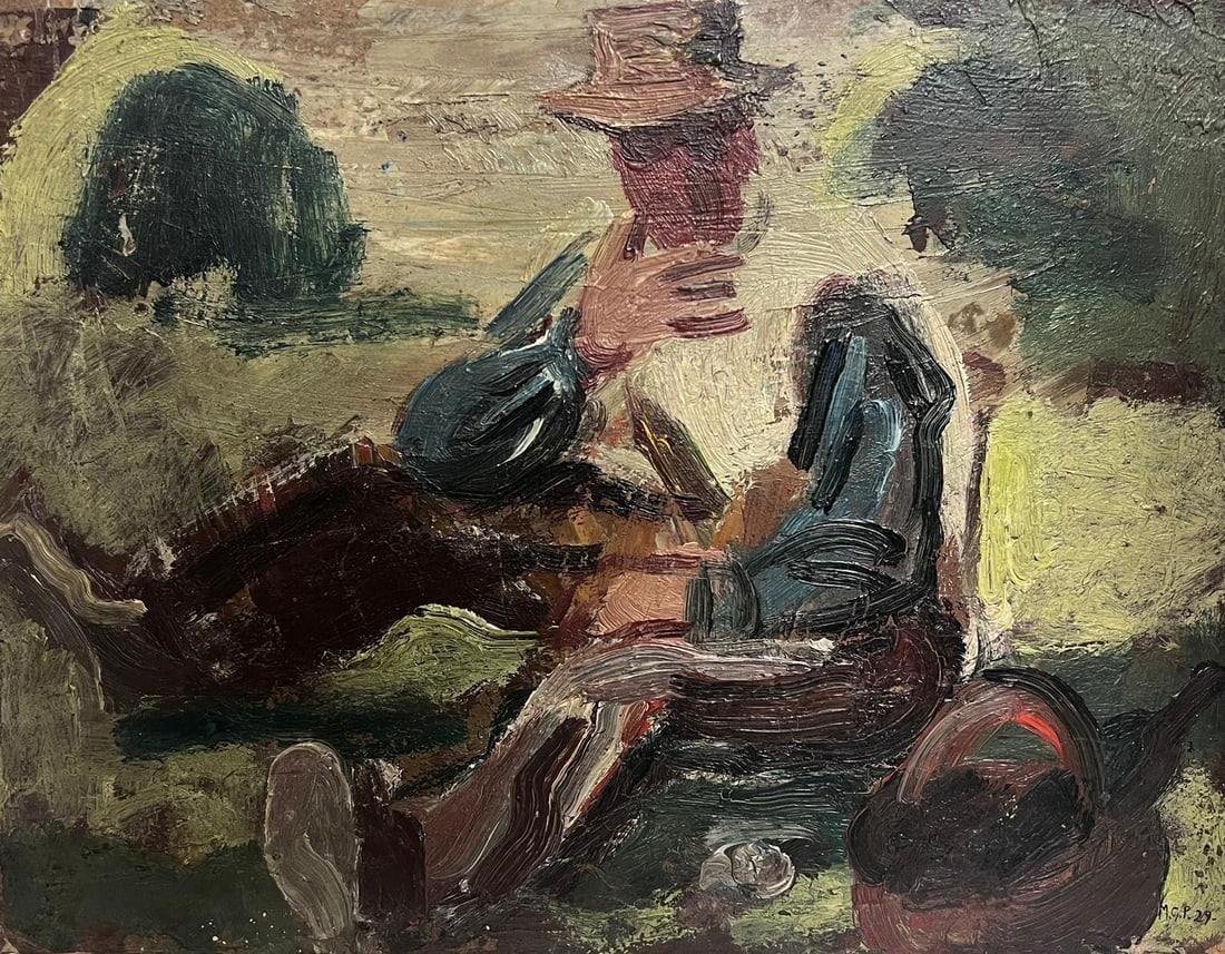 Man in Hat Seated on Ground Stylish 1920's French Impressionist Oil Painting 1900's (1 of 14)