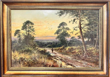 Antique British Oil Painting Sunset Woodland Pathway Man Returning Home, signed: The Close of Day British School, late 19th century signed, 'Harvey' oil painting on canvas, framed framed: 19 x 27 inches canvas: 16 x 24 inches provenance: private collection, UK condition: very good