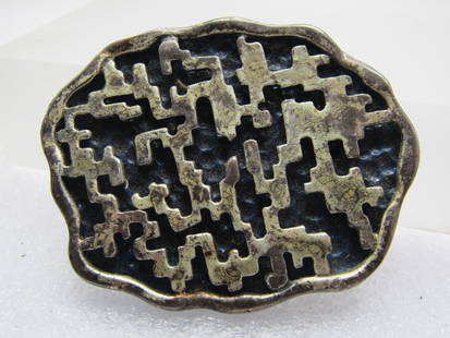 Vintage Coro Abstract/Brutalist Brooch, 1960's Sterling or Plated & Enameled: Vintage Coro Abstract/Brutalist Brooch, 1960's Sterling or Sterling Plated. & Enameled. This is an abstract shadowbox design with a gunmetal blue enameld hammere background and an overlay of