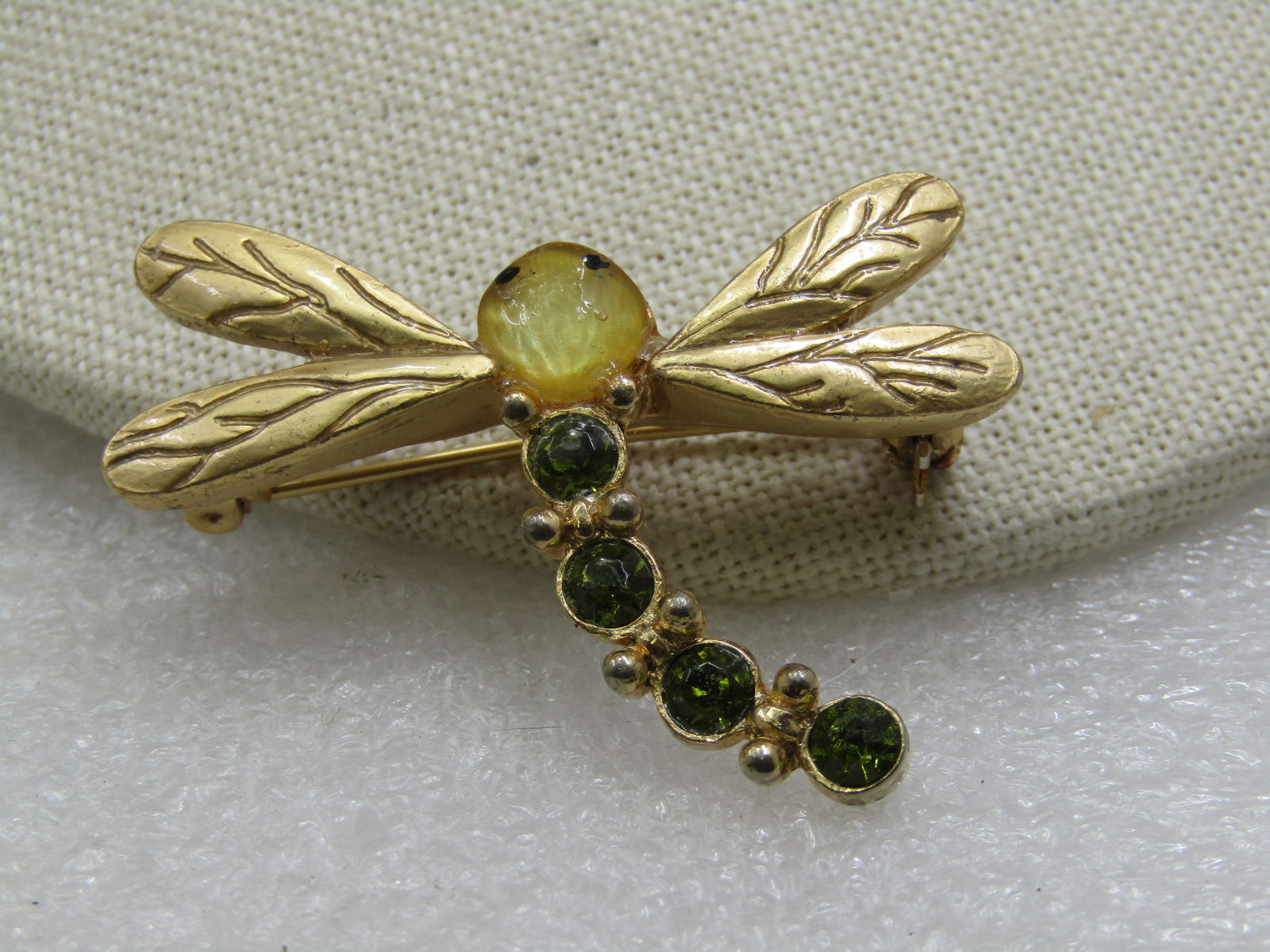 Vintage Dragonfly Brooch, Green & Yellow Stones, 1.75" wide (1 of 5)