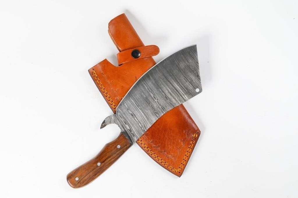 Damascus steel cleaver style with wood handle, 7" blade, 12" knife (1 of 6)