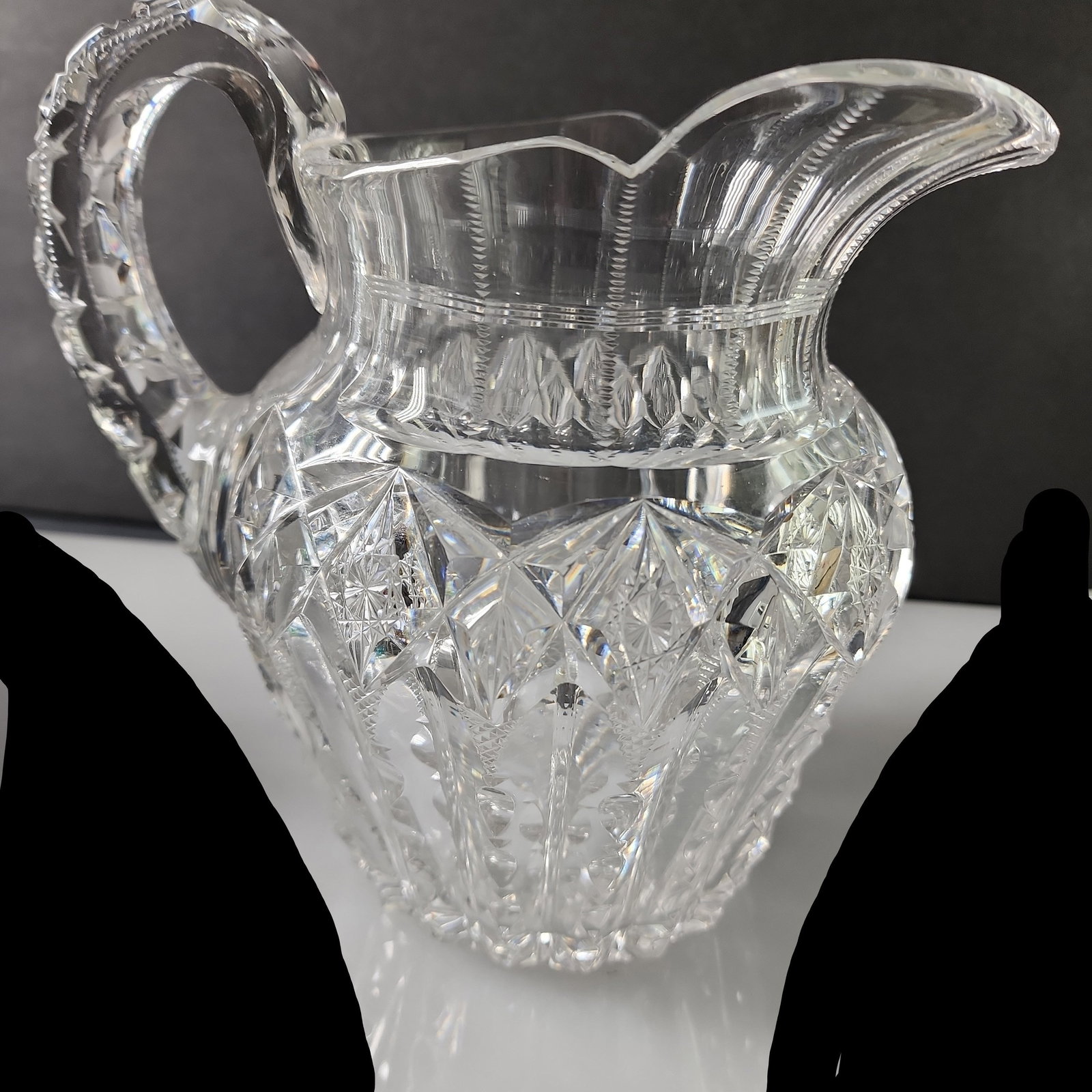ABP Pitcher American Brilliant Period Cut Glass Antique: Title: ABP Pitcher American Brilliant Period Cut Glass Antique Description: ABP antique cut glass PITCHER From the American brilliant period 1886 -1916 7.5" high 5.5" in diameter and weighs 4.25 lbs I