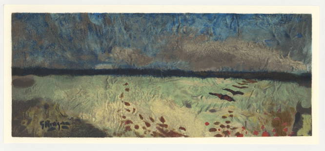 Georges Braque lithograph "Paysage aux coquelicots": Medium: lithograph (after the painting). Printed in 1968 by L'Imprimerie Arte and published by the atelier Maeght for the Varengeville portfolio. Size: 6 1/8 x 13 3/4 inches (155 x 350 mm). This work