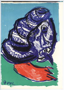 Karel Appel original lithograph: Medium: original lithograph. Printed in 1964 and published by Eberhard Kornfeld for the 1 Cent Life portfolio in an edition of 2000. Size: 16 1/4 x 11 1/2 inches (408 x 290 mm). There is poetry text (