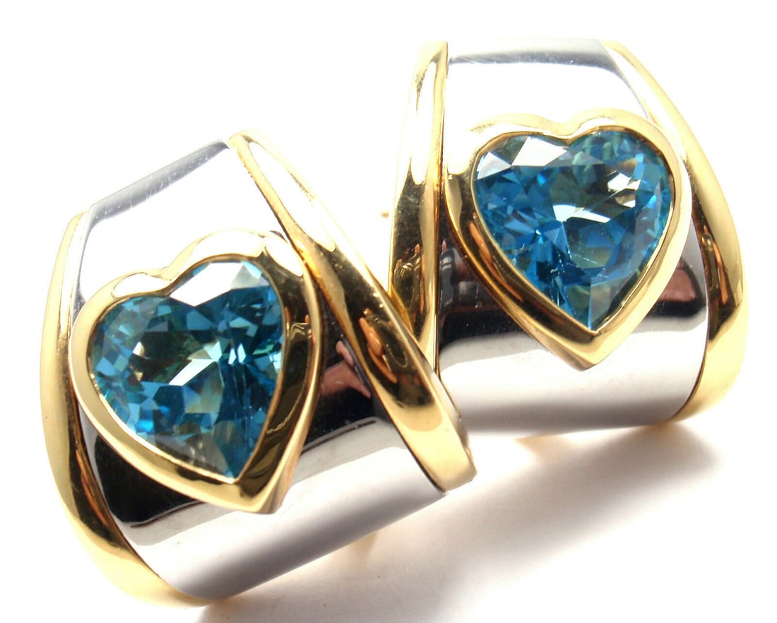 Authentic! Marina B 18k Yellow Gold & Stainless Steel Blue Topaz Heart Earrings (1 of 10)