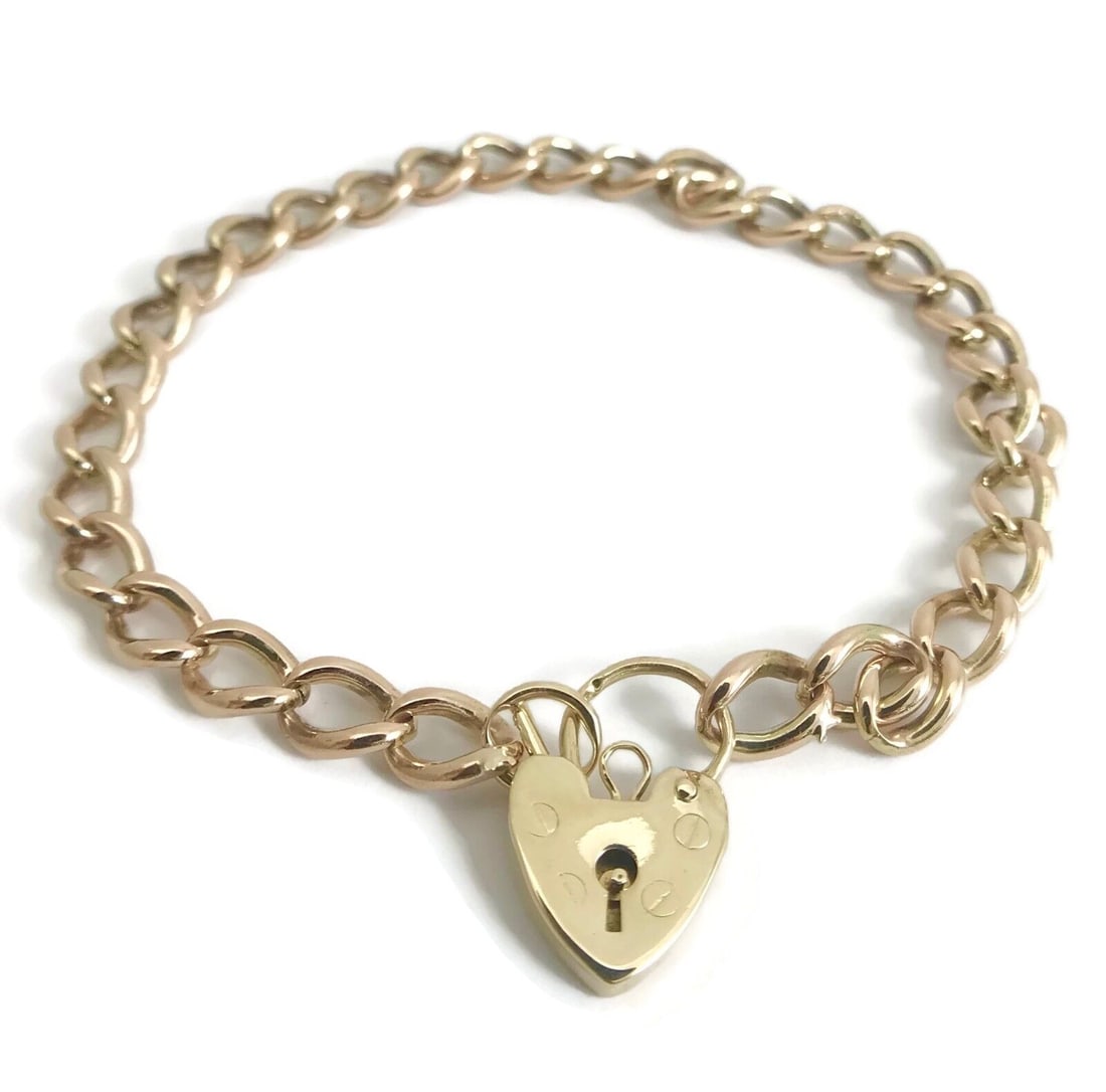 Vintage 1950's Long Heart Clasp Chain Link Bracelet 9K Rose Yellow Gold 19.58 Gr (1 of 12)
