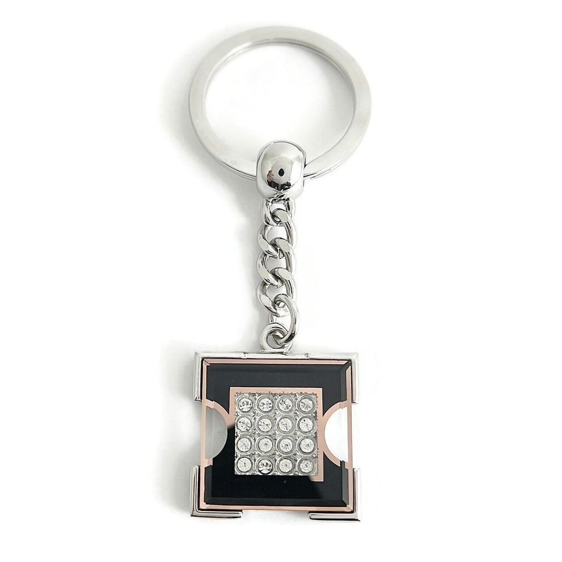 Square Pave Rhinestone Silver-Tone Black Pink Keychain, 9.25 Grams (1 of 6)