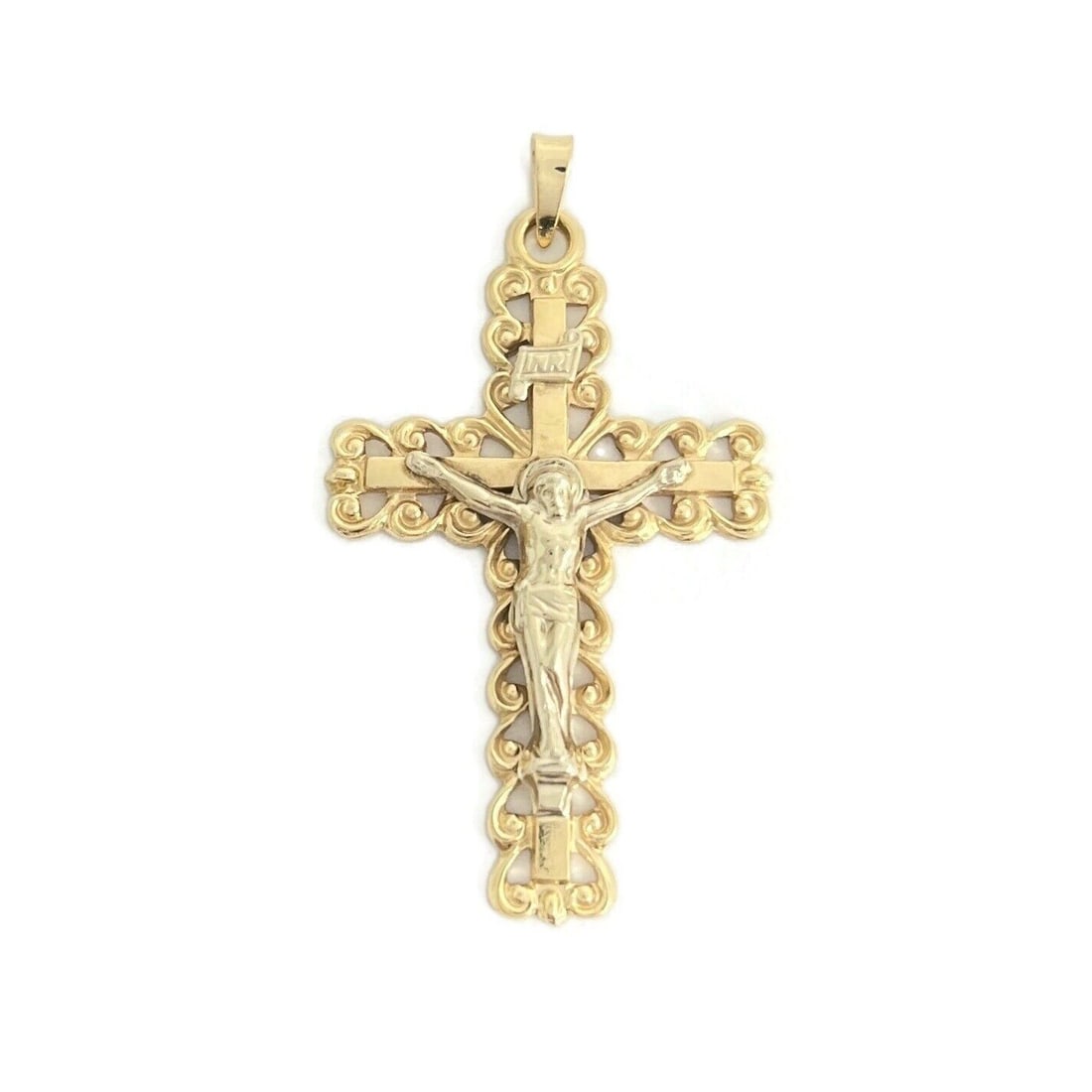 Vintage Two-Tone Crucifix Cross Necklace Pendant 14K Yellow Gold, 3.08 Grams (1 of 9)