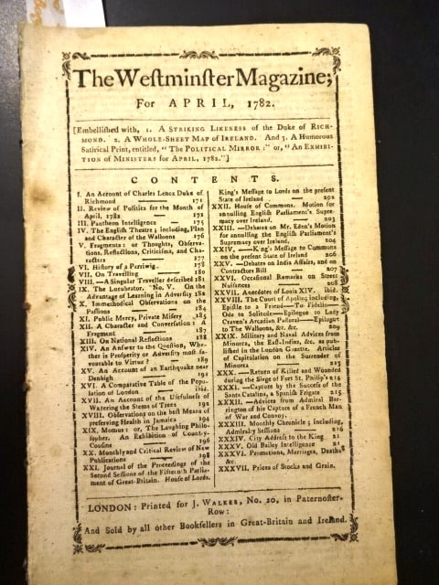 1782 Magazine Ireland Jamaica: The April 1782 issue of "The Westminster Magazine", printed at London for J. Walker. 54 pages and one engraved plate of the Duke of Richmond. Interesting content including preserving one's health in J