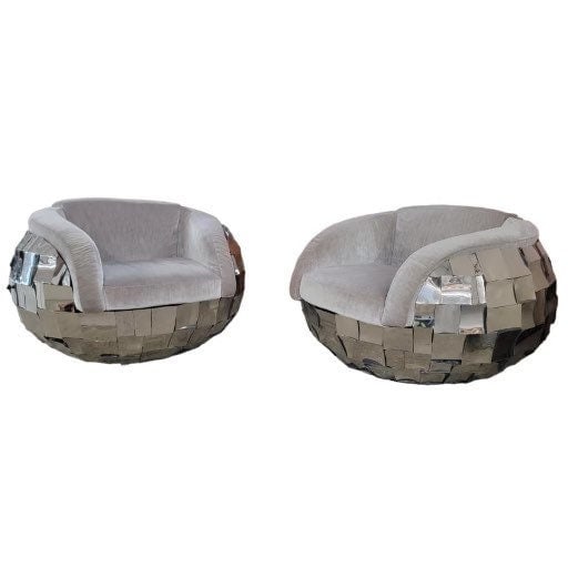 Vintage Brutalist Paul Evans Style Chrome Patchwork Tub Lounge Chairs in a Grey Velvet - Pair (1 of 4)