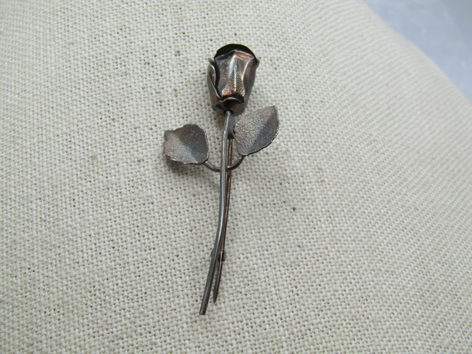 Vintage Sterling Rose Brooch, Long Stem, C-Clasp, 1930's-1940's (1 of 7)