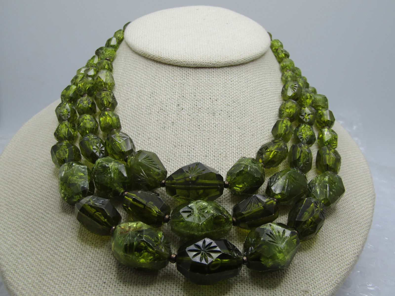 Vintage Triple Strand Green Beaded Necklace, German, 18" (1 of 5)