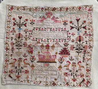 Colorful Sarah Sherwood 1836 sampler: Wool on linen. Busy with lots of motifs. Some expected thread wear, mainly at bottom border. Done at age 10. Found in Cambridge, NY. Approximately 15 1/2&#8221; x 17 1/2&#8221;. Shipping: Domestic: Fl