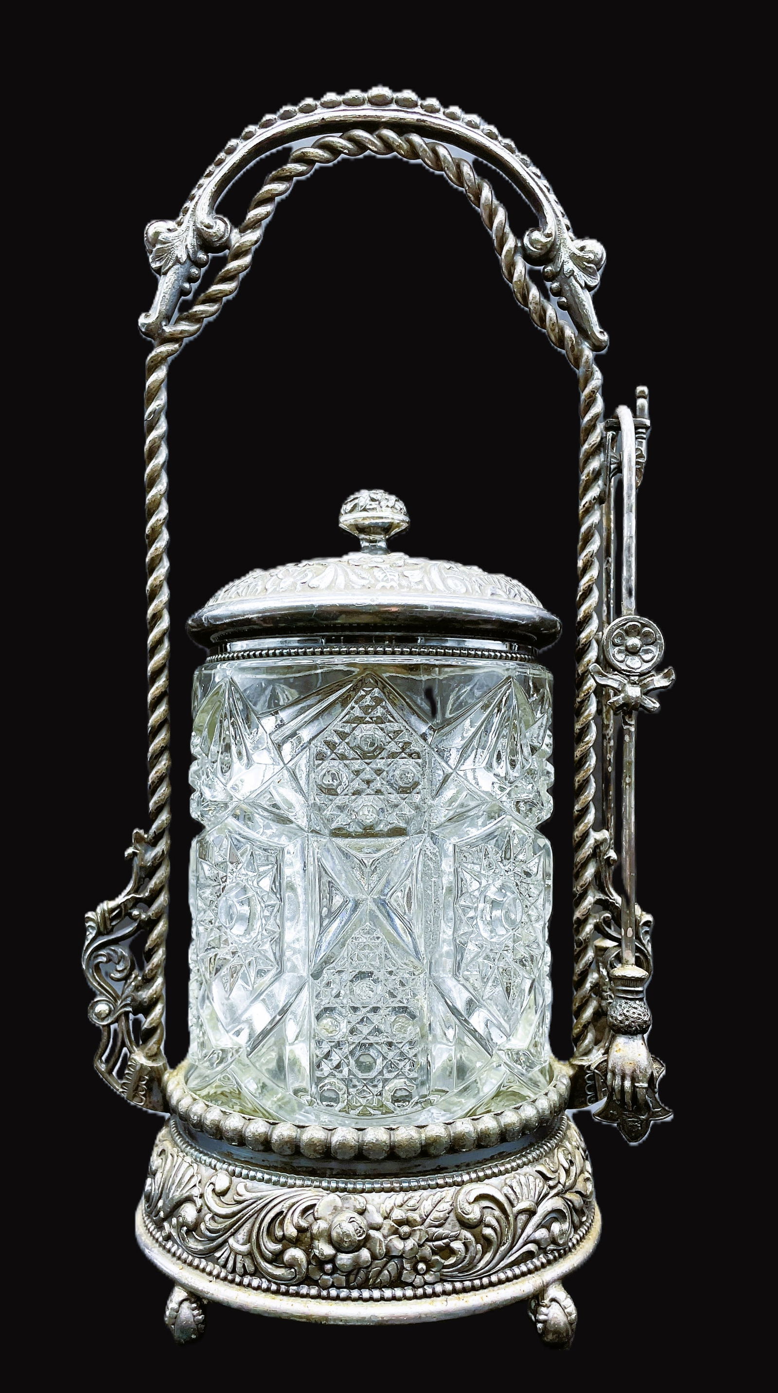 Antique Ornate PICKLE CASTOR CLEAR CUT GLASS JAR WITH TONGS QUADRUPLE SILVERPLATE (1 of 7)