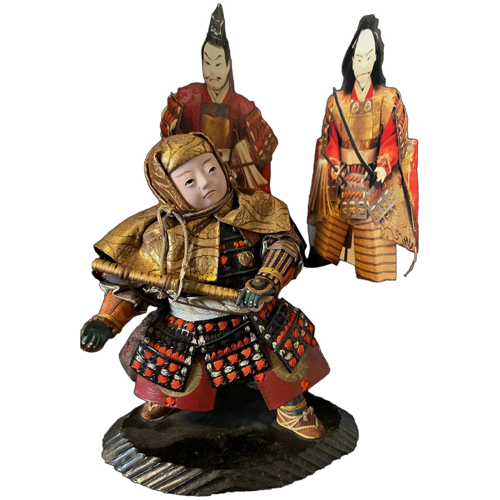Antique Japanese Warrior Doll Meijing era 1868-1912 on wood stand: Antique Japanese Warrior Doll Meijing era 1868-1912 on wood stand very good condition, this sale is for the one soldier in front.; Antique Japanese Warrior Doll Meijing era 1868-1912 on wood stand ver