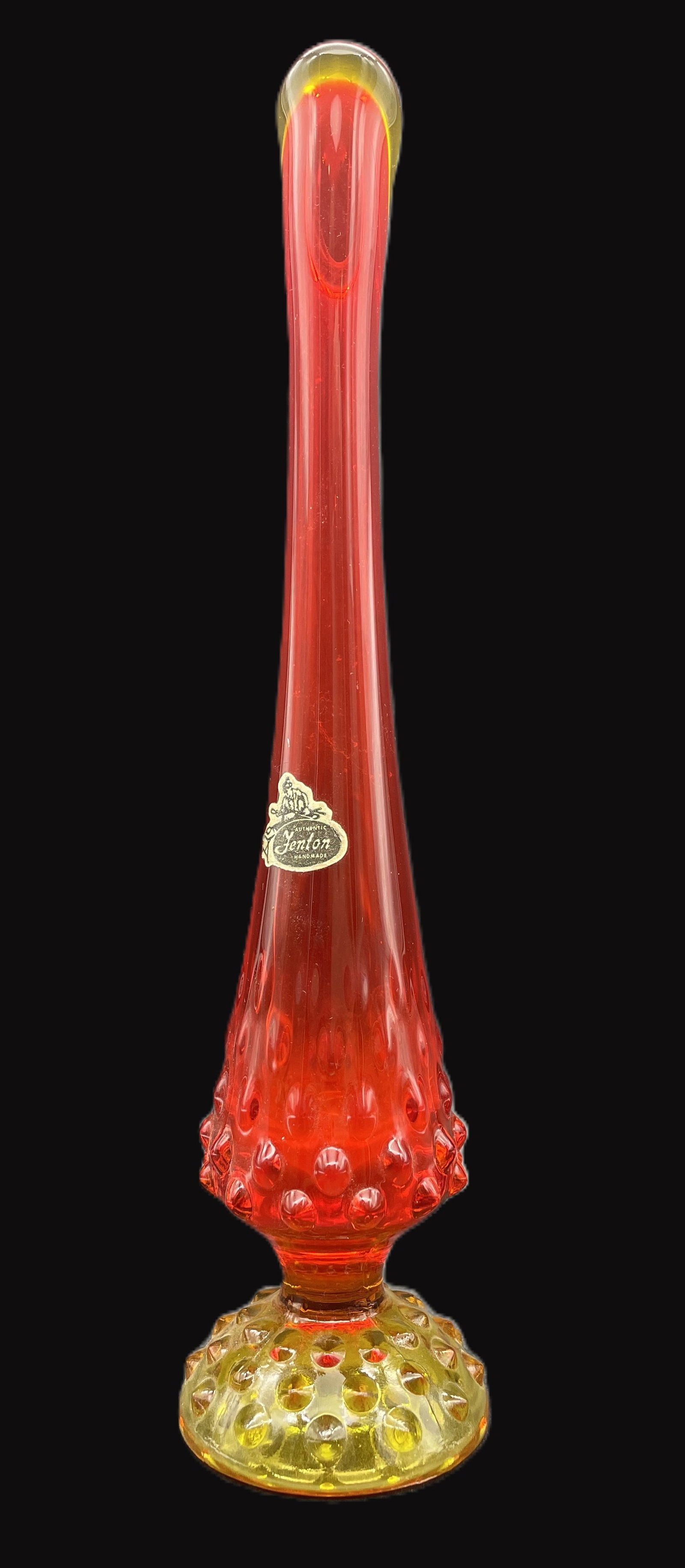 FENTON AMBERINA HOBNAIL SWUNG GLASS VASE w Original Tag: Title: FENTON AMBERINA HOBNAIL SWUNG GLASS VASE w Original Tag Date/Period: NA Dimension: Approx 11" Material: glass Additional Information: FENTON AMBERINA HOBNAIL SWUNG GLASS VASE w Original Tag Shi