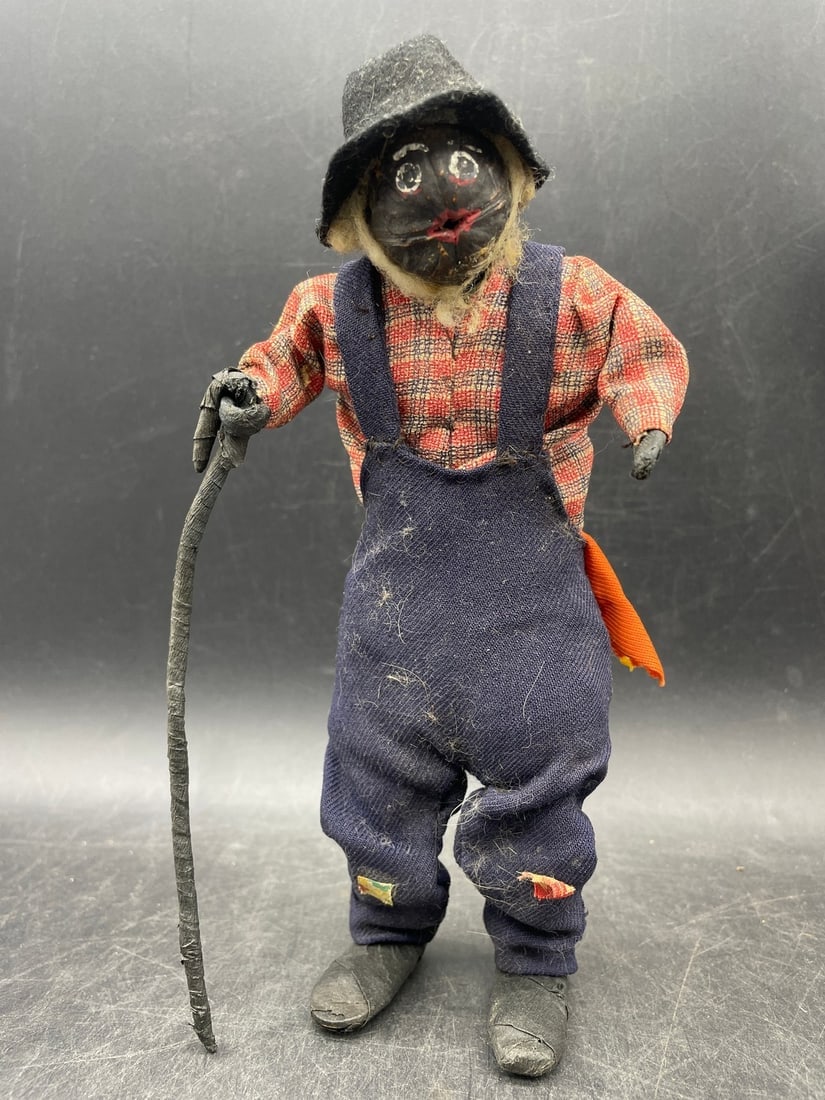 Folk Art Black Americana Doll Walnut Head Poseable: Title: Folk Art Black Americana Doll Walnut Head Poseable Date/Period: unknown Dimension: 8" Material: mixed materials Additional Information: Folk Art Black Americana Doll Walnut Head Poseable Shippi