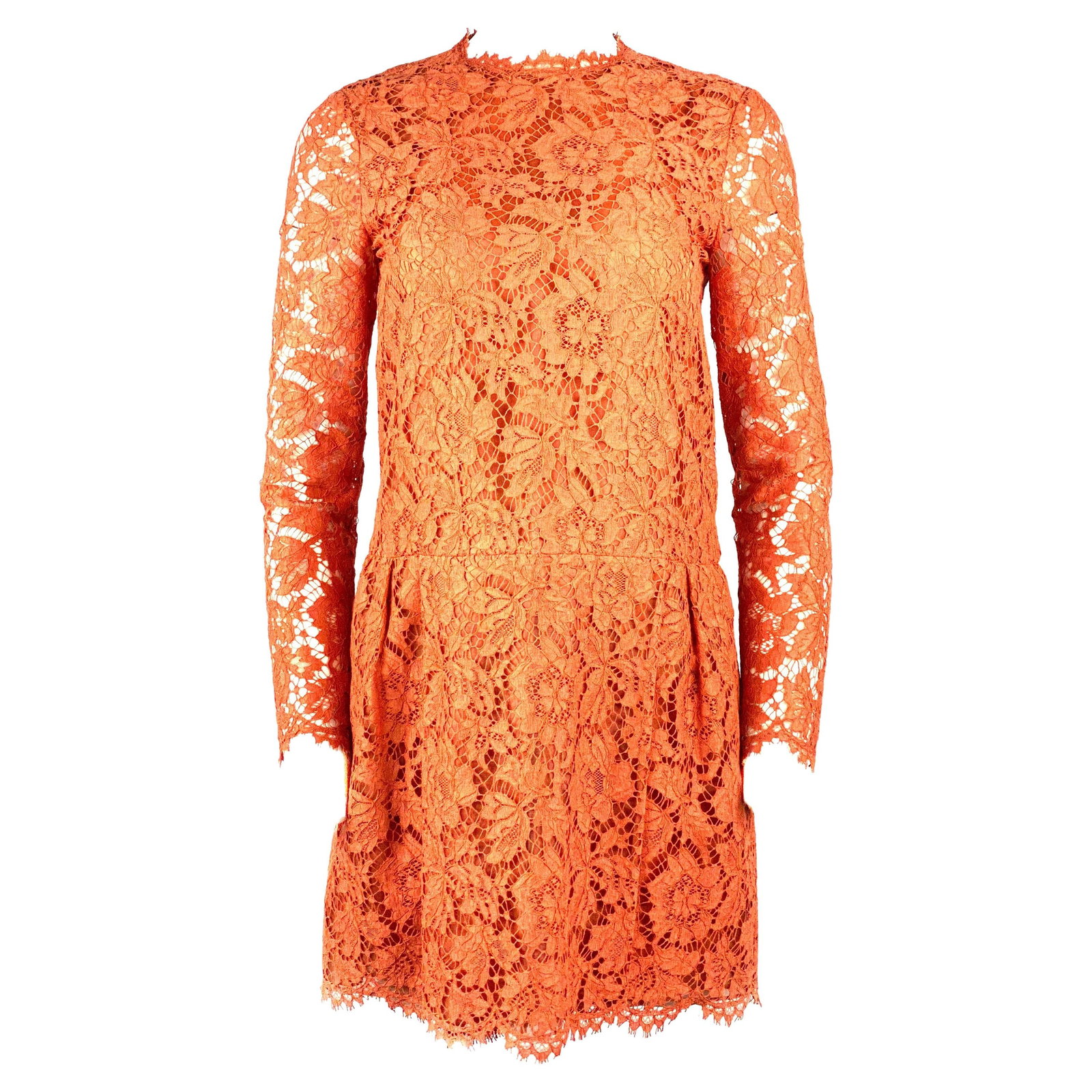 VALENTINO Spa Orange Floral Lace Long Sleeves Mini Dress Size 6: About the Item VALENTINO Spa Orange Floral Lace Long Sleeves Mini Dress Size 6 Product detail: Size 6 Orange Floral lace Mini Dress Long sleeves One pocket on each side Rear zip and hook closure Made 